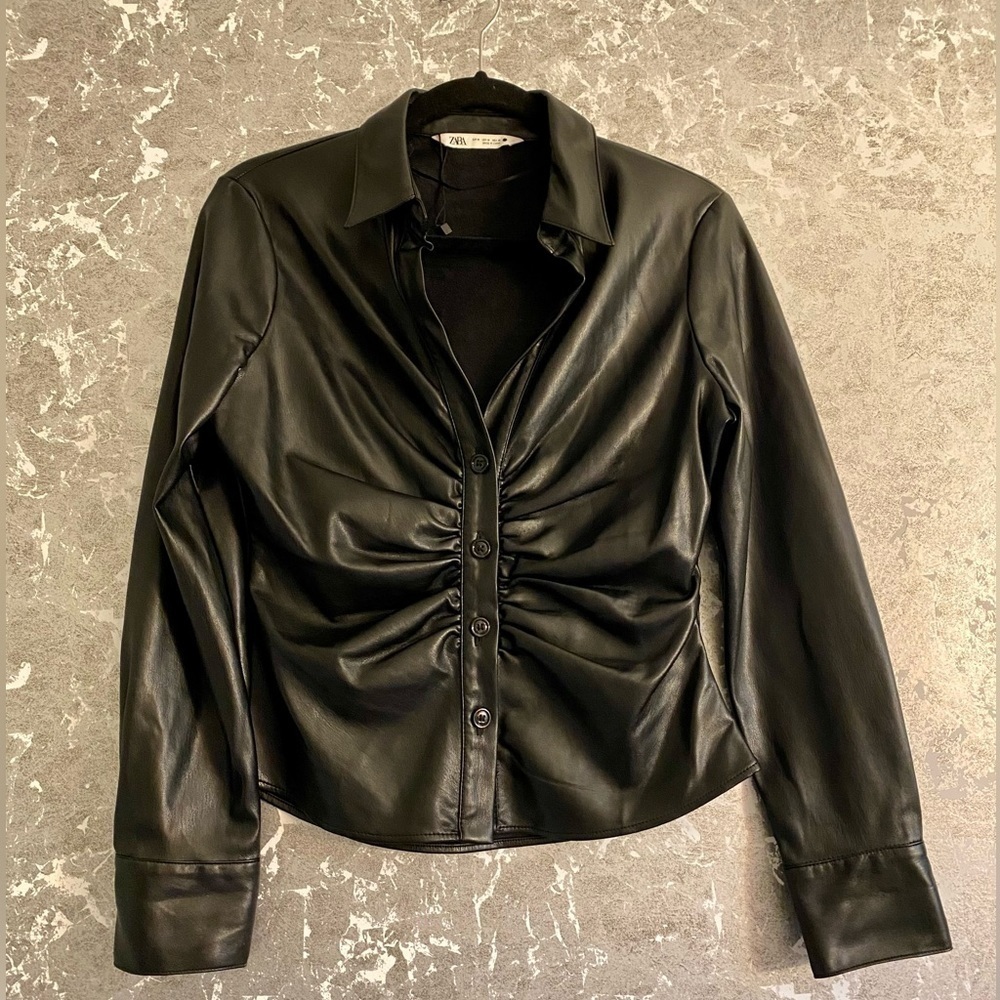 Zara Ruched Vegan Black Leather Shirt Size Small  Like New